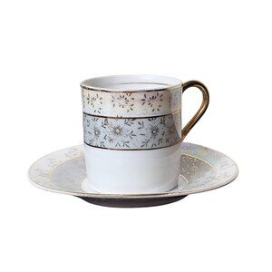 Vintage LightBlue Porcelain Tea Cup Saucer Set Gold Floral Design Demitasse Mini